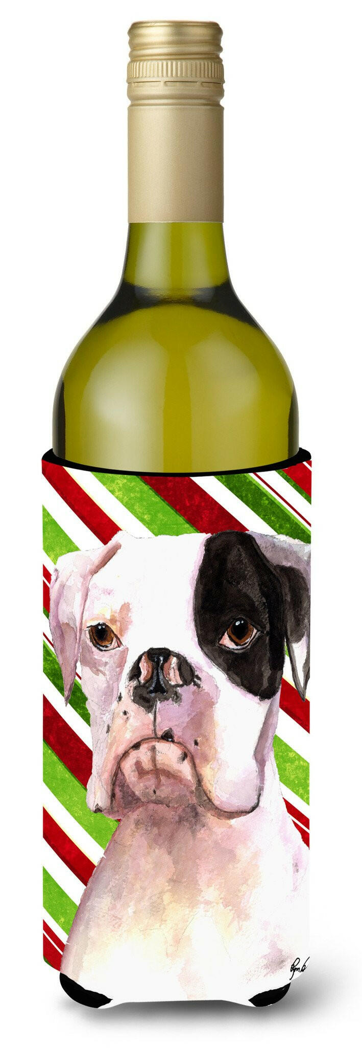 Cooper Candy Stripe Boxer Christmas Wine Bottle Beverage Insulator Beverage Insulator Hugger  RDR3002LITERK by Caroline&#39;s Treasures