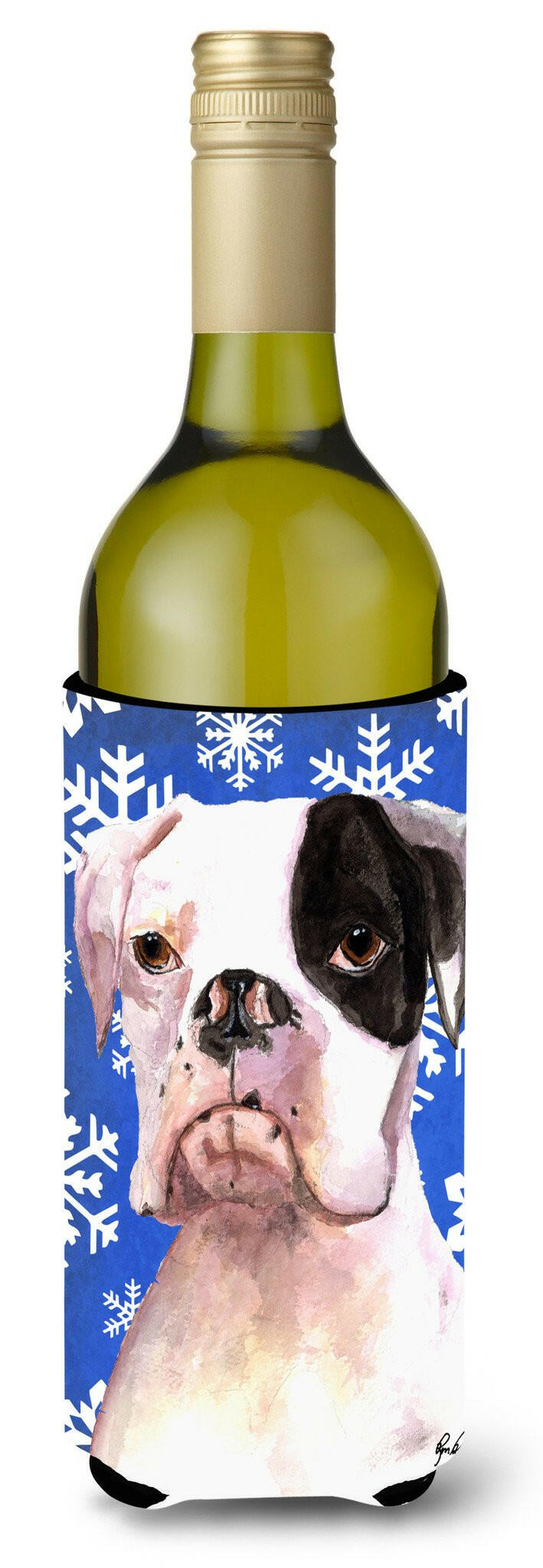 Cooper Winter Snowflakes Boxer Wine Bottle Beverage Insulator Beverage Insulator Hugger  RDR3003LITERK by Caroline's Treasures