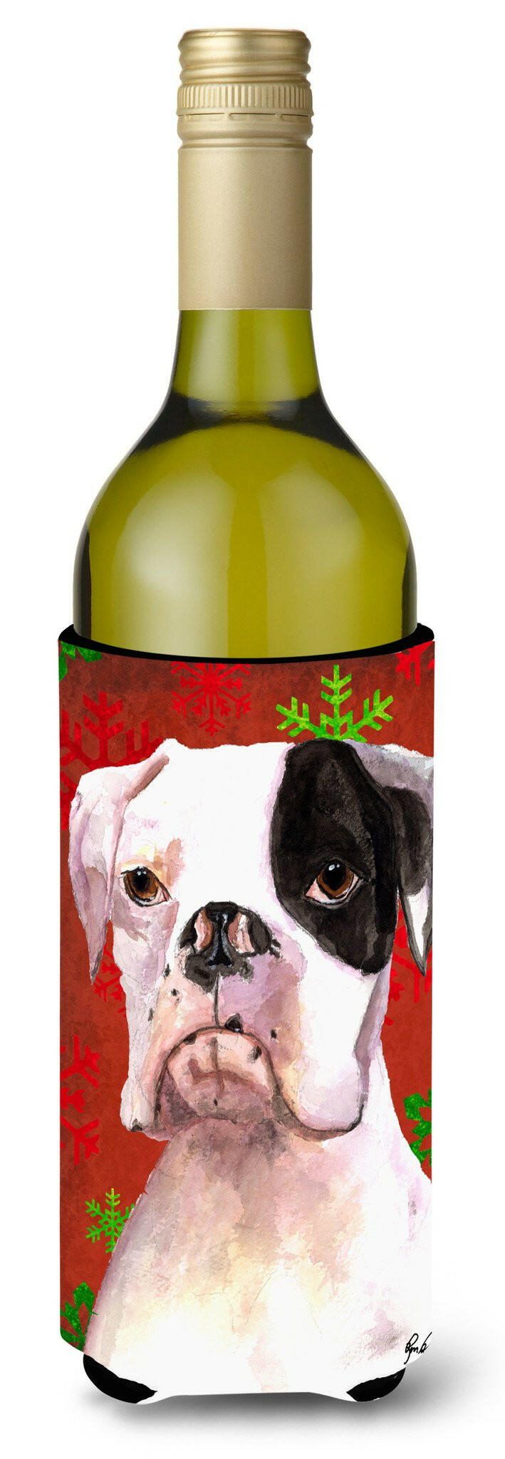 Cooper Red Snowflakes Boxer Wine Bottle Beverage Insulator Beverage Insulator Hugger  RDR3004LITERK by Caroline&#39;s Treasures