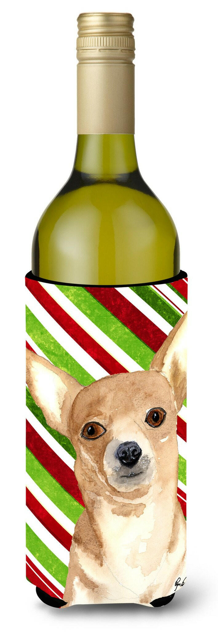 Candy Stripe Chihuahua Christmas Wine Bottle Beverage Insulator Beverage Insulator Hugger  RDR3010LITERK by Caroline&#39;s Treasures
