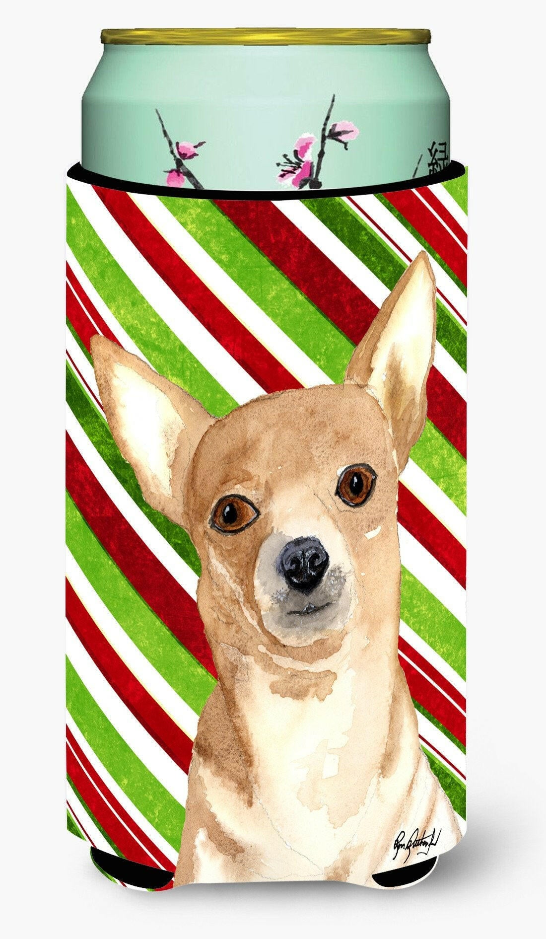 Candy Stripe Chihuahua Christmas Tall Boy Beverage Insulator Beverage Insulator Hugger RDR3010TBC by Caroline&#39;s Treasures