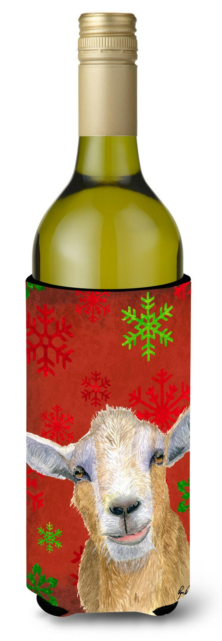 Red Snowflakes Goat Christmas Wine Bottle Beverage Insulator Beverage Insulator Hugger  RDR3024LITERK by Caroline&#39;s Treasures