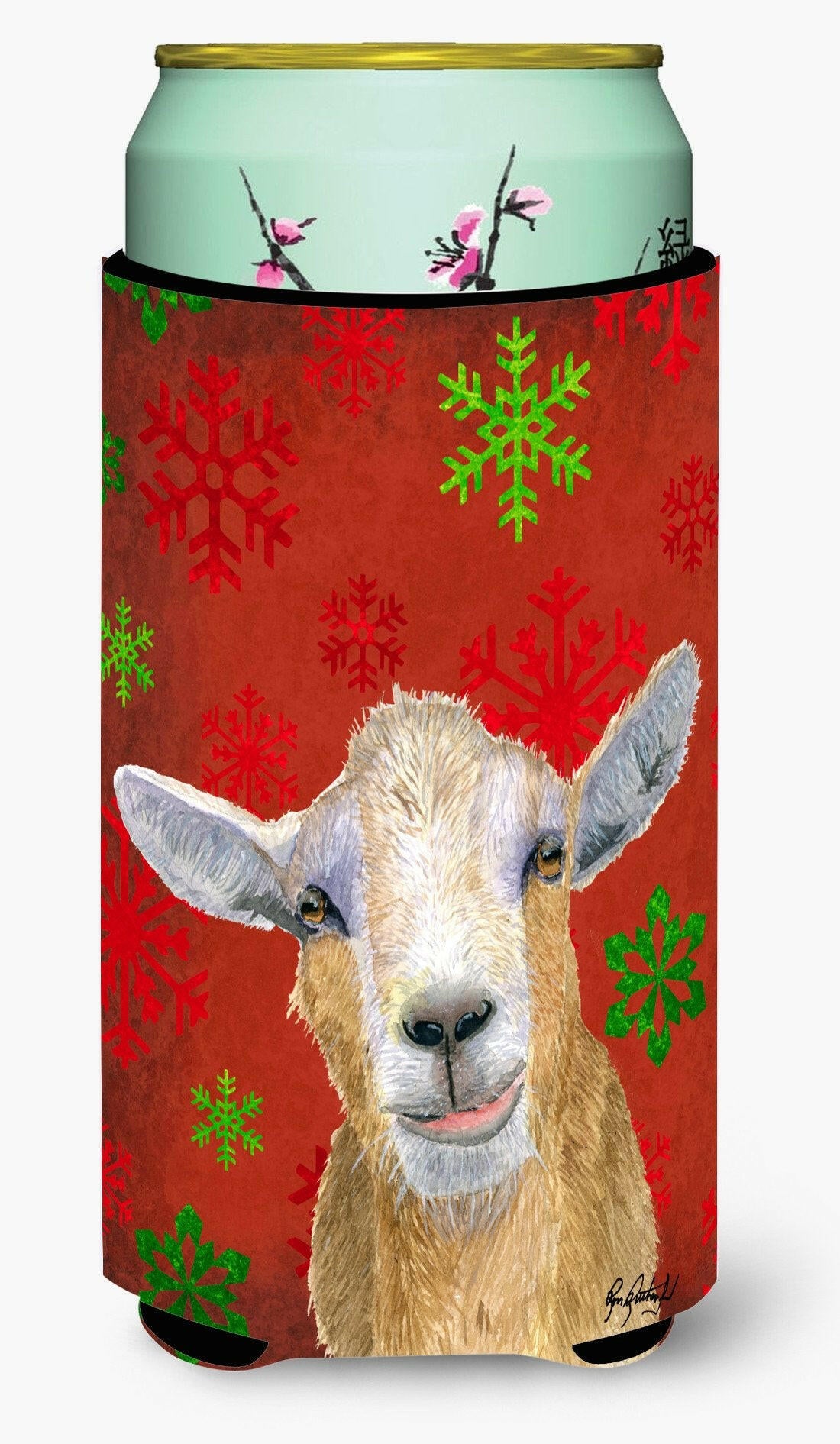 Red Snowflakes Goat Christmas Tall Boy Beverage Insulator Beverage Insulator Hugger RDR3024TBC by Caroline&#39;s Treasures