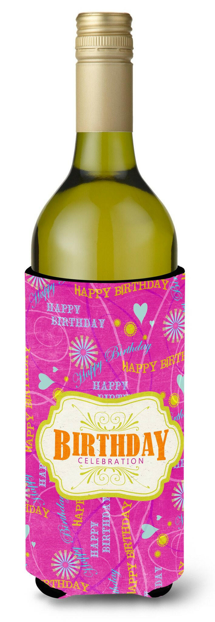 Happy Birthday Pink Wine Bottle Beverage Insulator Beverage Insulator Hugger by Caroline&#39;s Treasures
