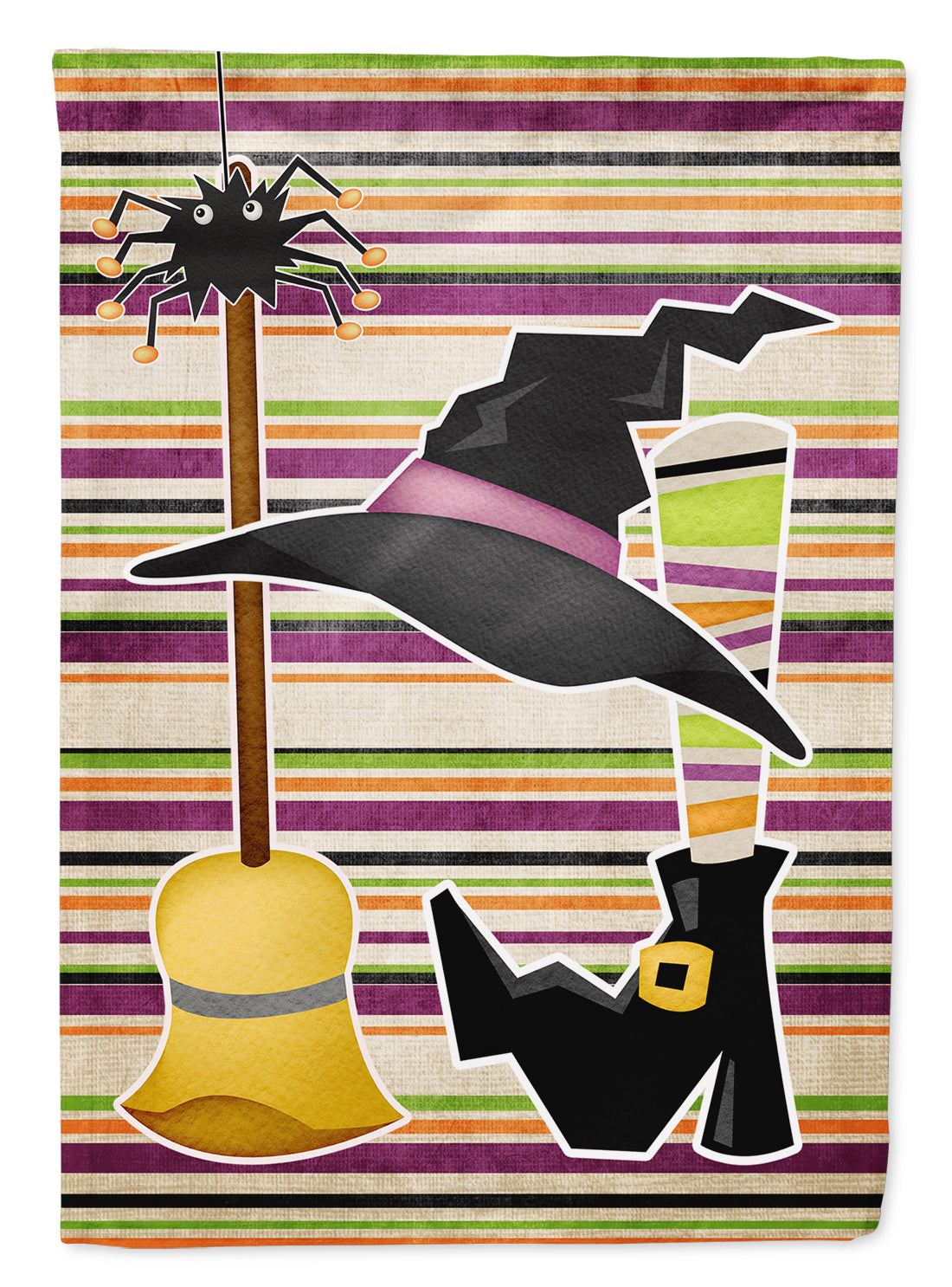 Witch Costume and Broom on Stripes Halloween Flag Garden Size.