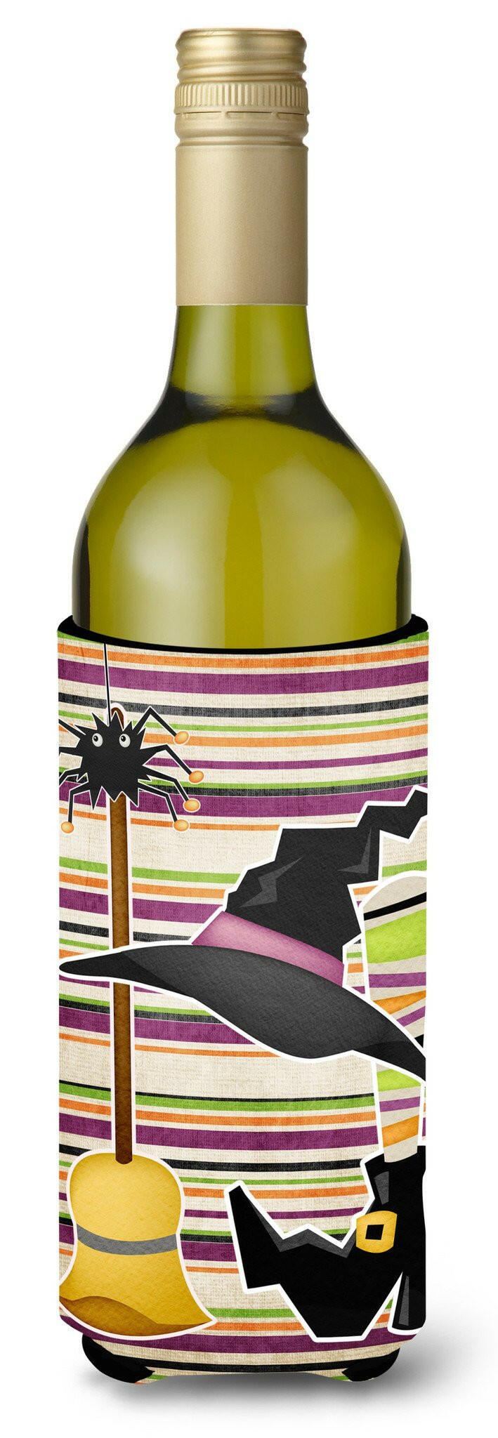 Witch Costume and Broom on Stripes Halloween Wine Bottle Beverage Insulator Beverage Insulator Hugger by Caroline&#39;s Treasures