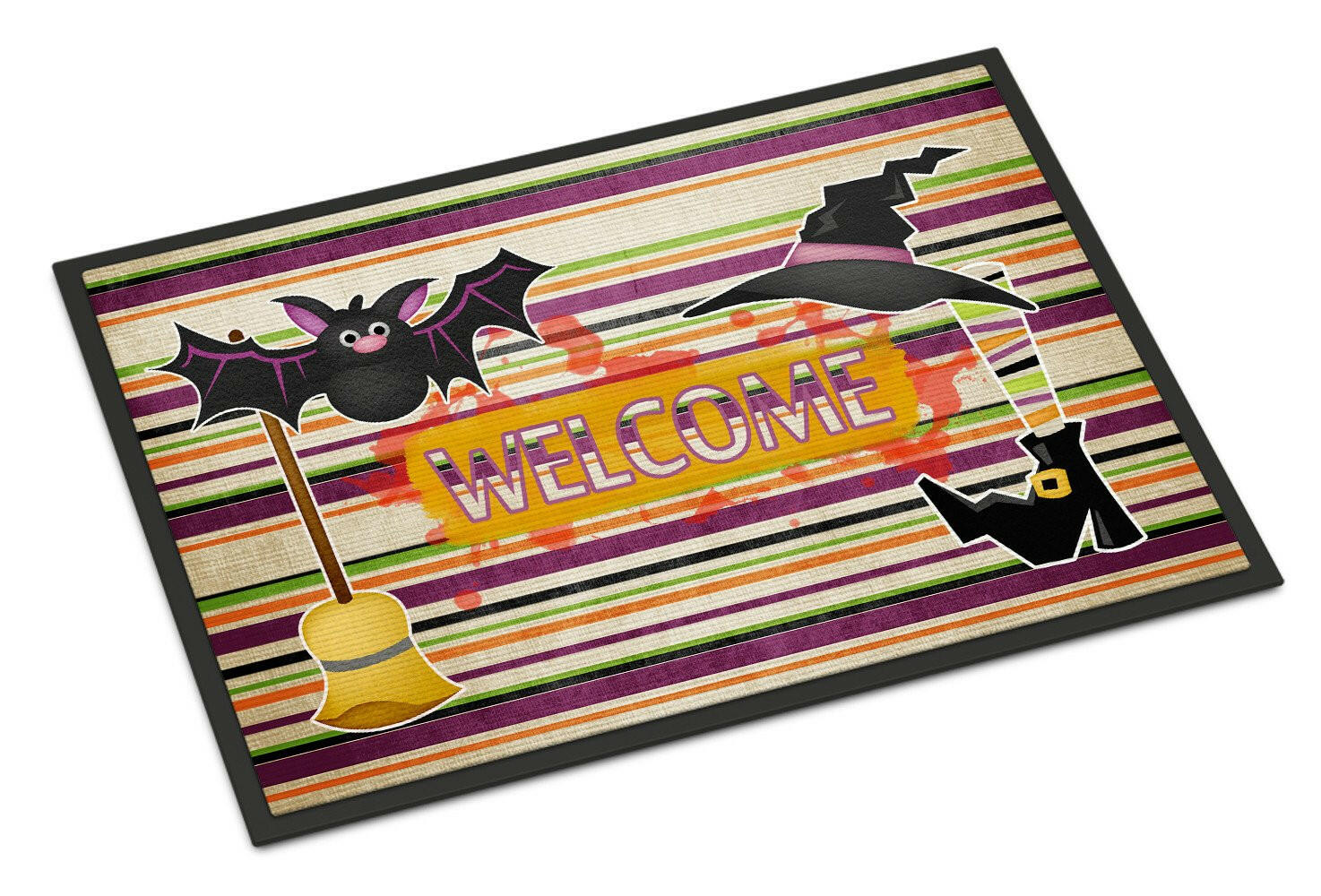 Witch Costume and Broom on Stripes Halloween 18x27 Doormat - the-store.com