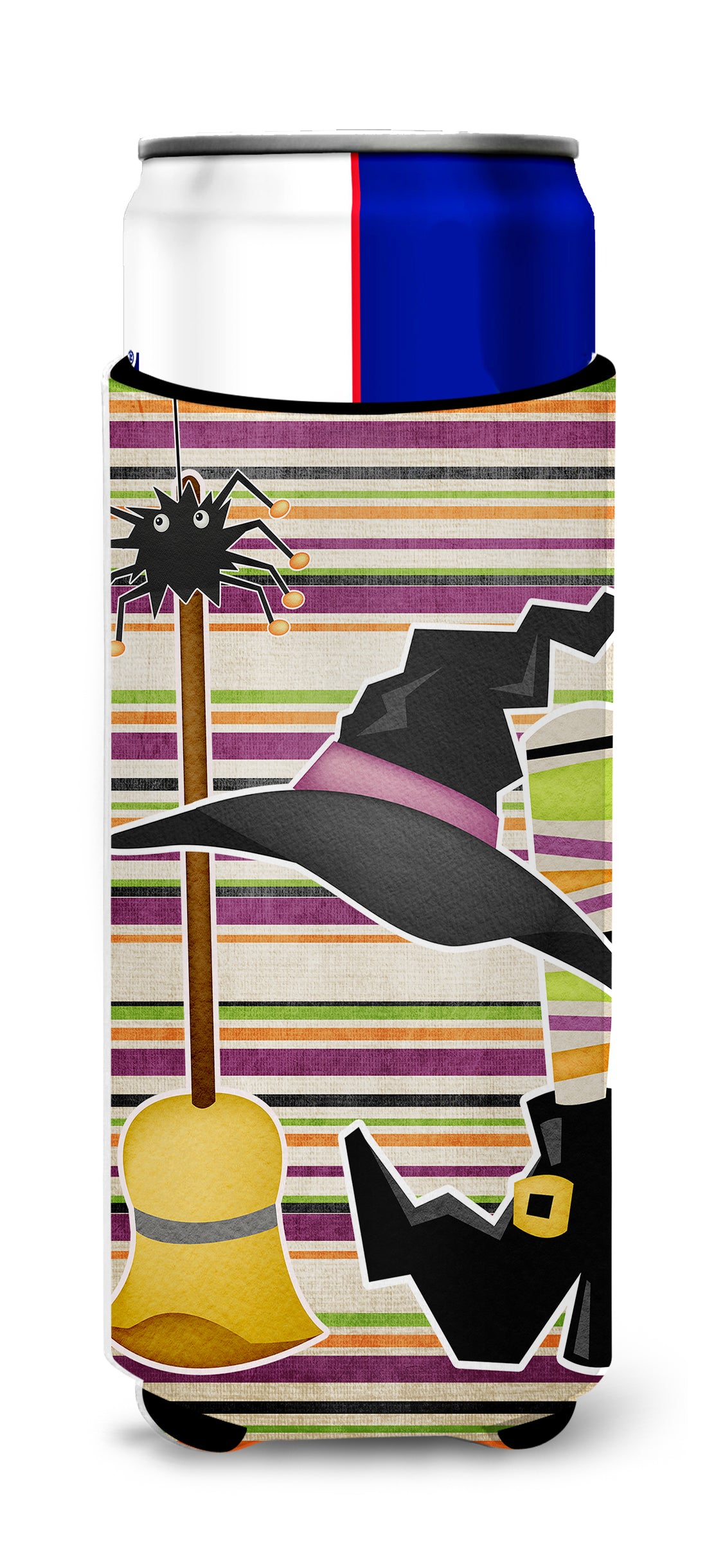 Witch Costume and Broom on Stripes Halloween Ultra Beverage Insulators for slim cans SB3010MUK.