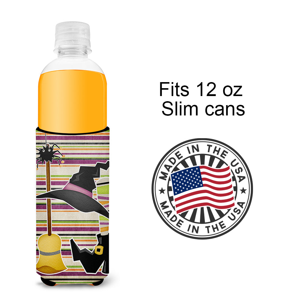 Witch Costume and Broom on Stripes Halloween Ultra Beverage Insulators for slim cans SB3010MUK.