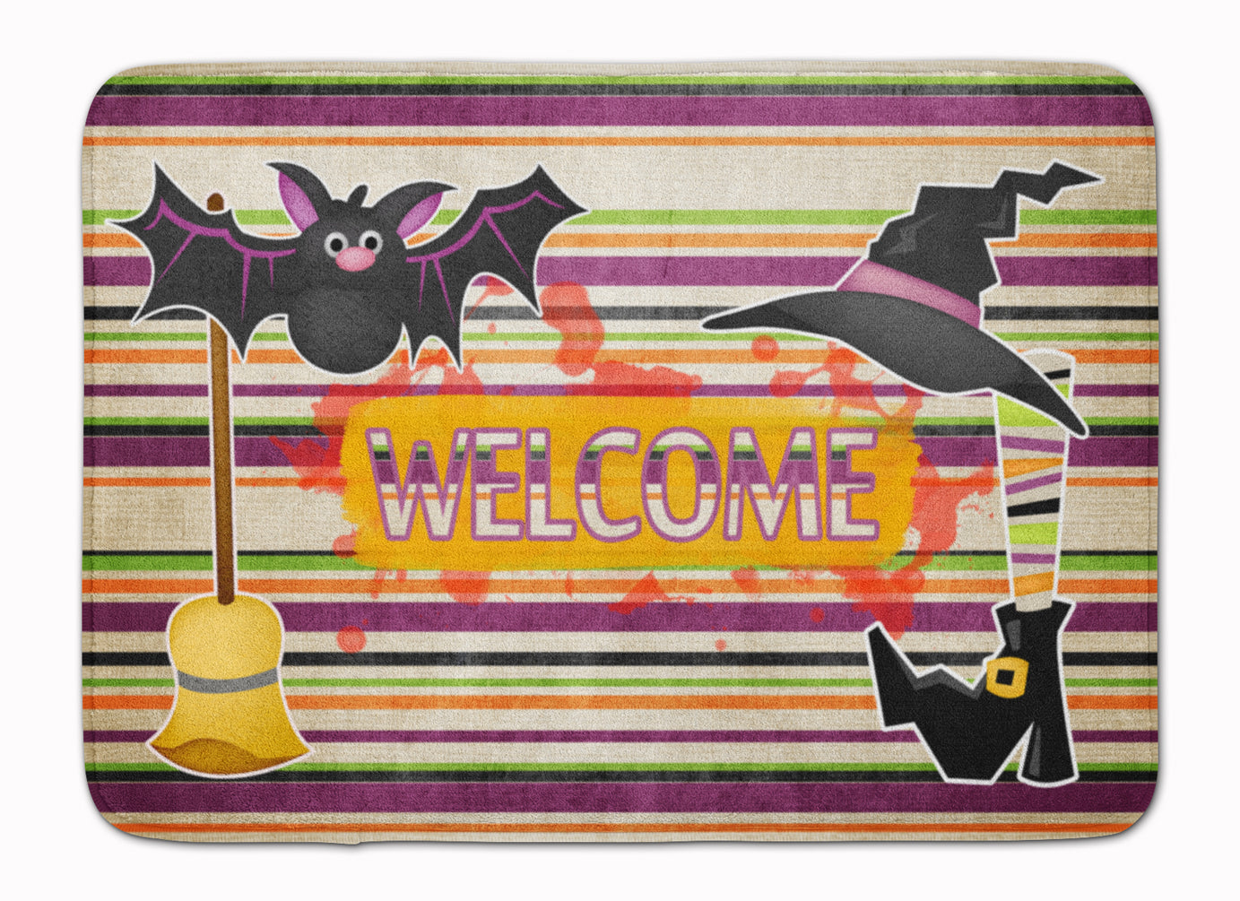 Witch Costume and Broom on Stripes Halloween Machine Washable Memory Foam Mat SB3010RUG - the-store.com