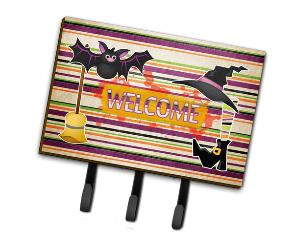 Witch Costume and Broom on Stripes Halloween Leash or Key Holder
