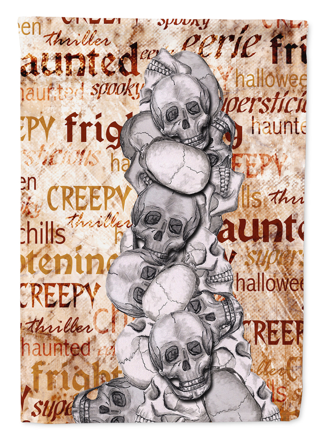 Creepy, Haunted and Frightful with skulls Halloween Flag Garden Size.