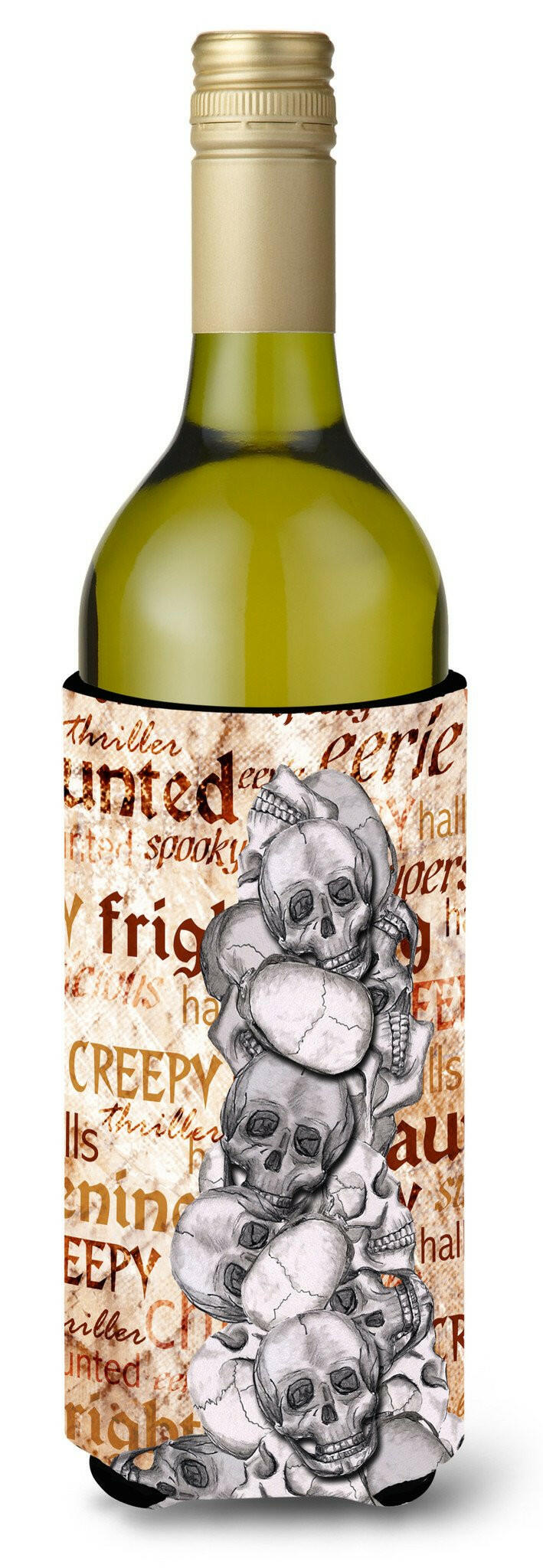Creepy, Haunted and Frightful with skulls Halloween Wine Bottle Beverage Insulator Beverage Insulator Hugger by Caroline&#39;s Treasures