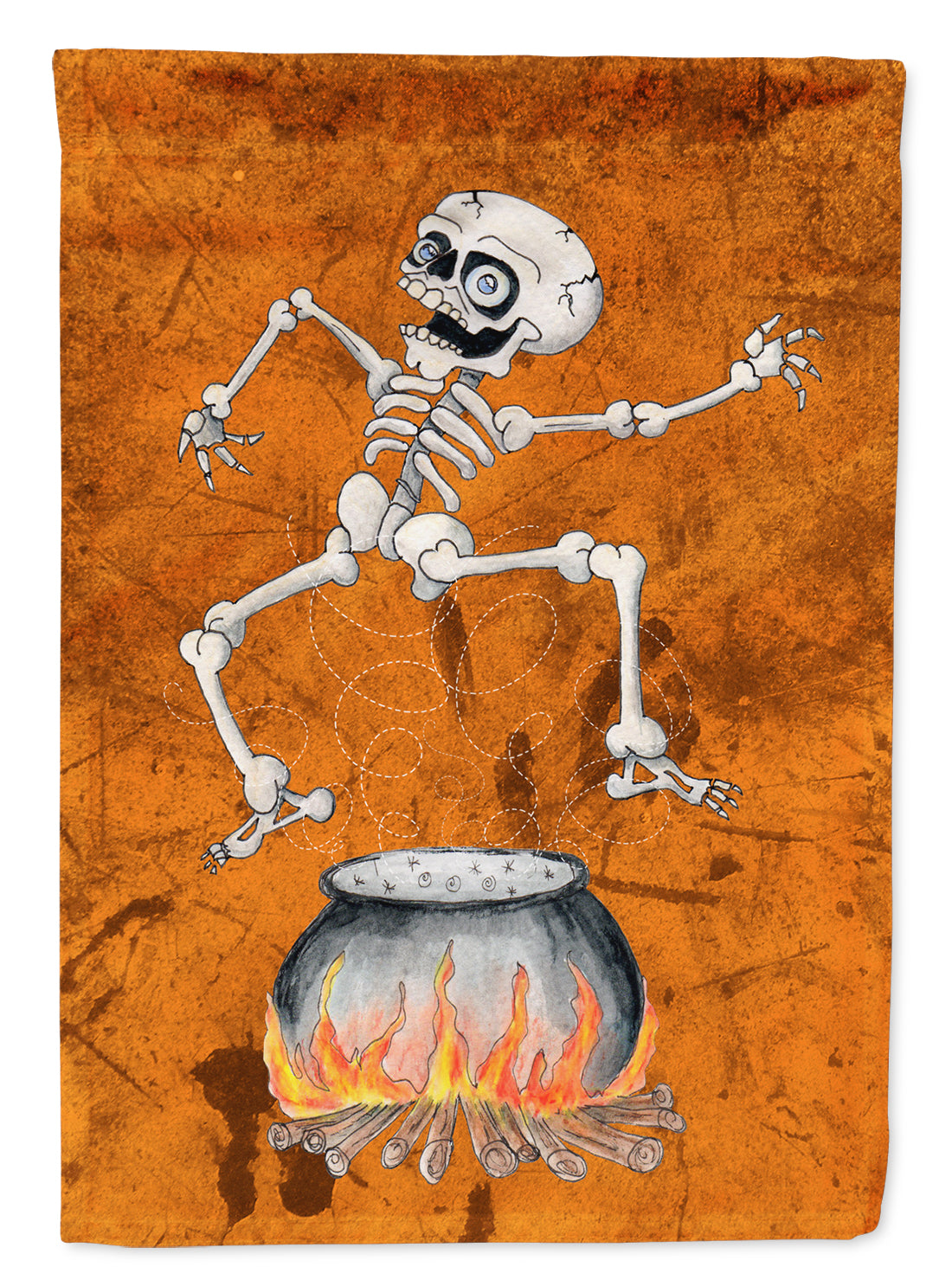 Skeleton jumping from Witches Caldron Halloween Flag Garden Size.