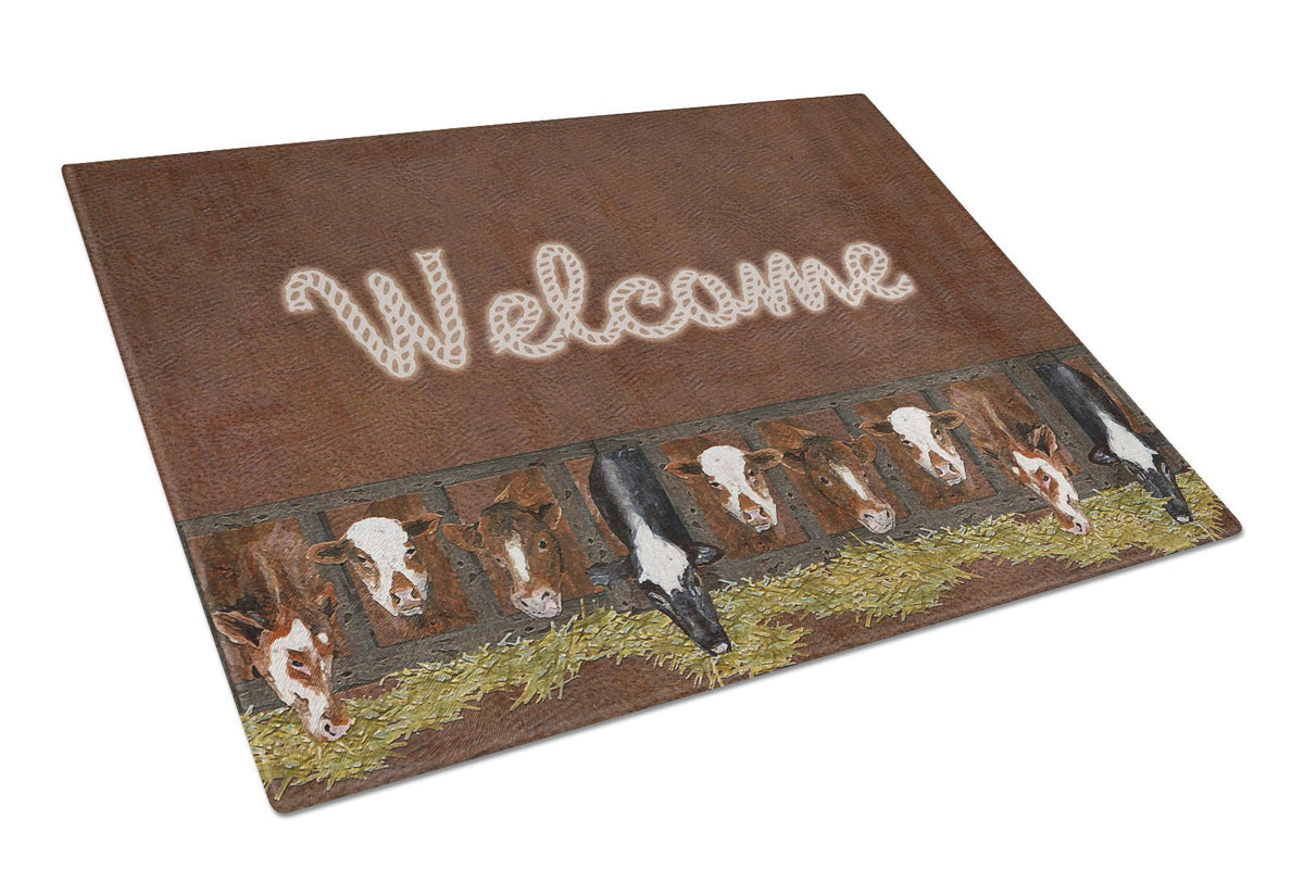 Welcome Mat with Cows Glass Cutting Board Large Size SB3058LCB by Caroline&#39;s Treasures