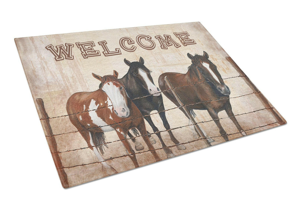Welcome Mat with Horses Glass Cutting Board Large Size SB3059LCB by Caroline&#39;s Treasures
