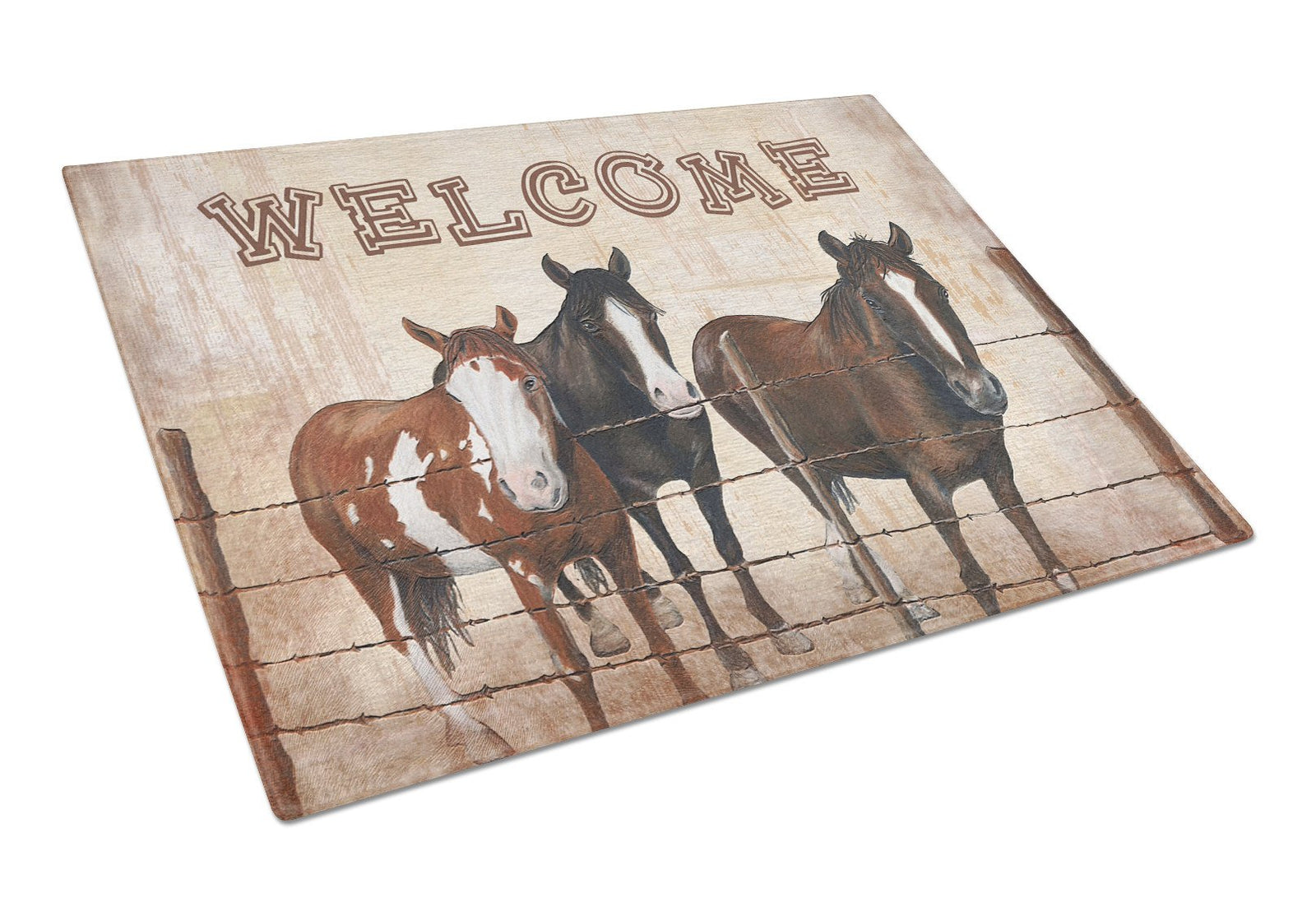 Welcome Mat with Horses Glass Cutting Board Large Size SB3059LCB by Caroline's Treasures