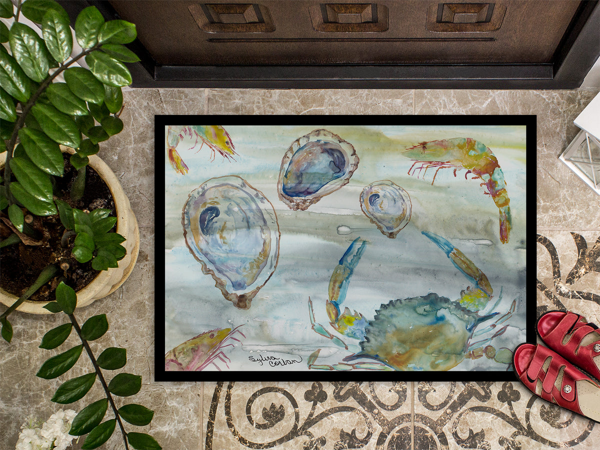 Caroline's Treasures Crab, Shrimp and Oyster Watercolor Doormat - 18x27 Decorative Floor Mat – Indoor/Outdoor Rug with Artistic Flair SC2010MAT