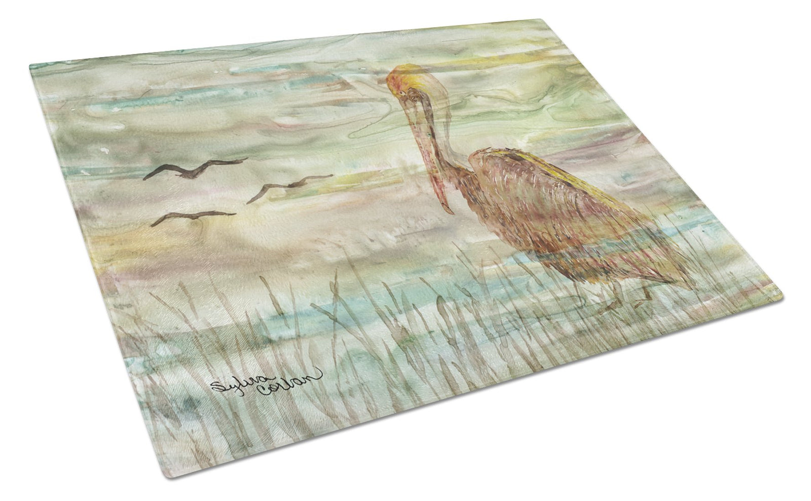 Brown Pelican Sunset Glass Cutting Board Large SC2011LCB by Caroline's Treasures