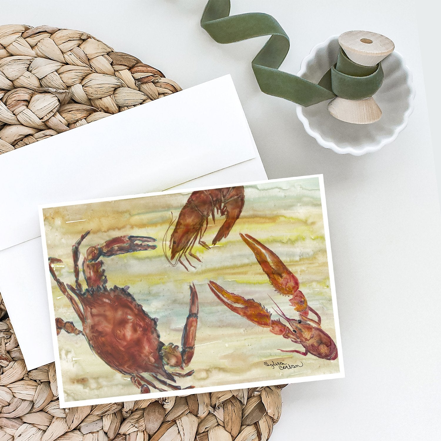 Buy this Crab, Shrimp, Oyster Yellow Sky Greeting Cards and Envelopes Pack of 8