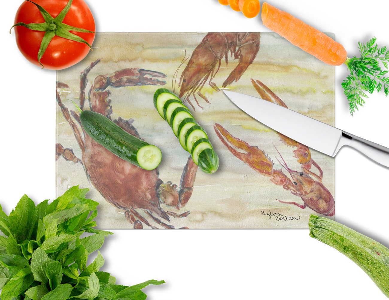 Crab, Shrimp, Oyster Yellow Sky Glass Cutting Board Large SC2023LCB by Caroline's Treasures