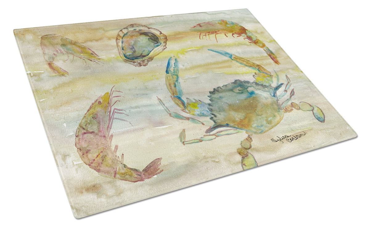 Crab, Shrimp, Oyster Yellow Sky Glass Cutting Board Large SC2026LCB by Caroline&#39;s Treasures