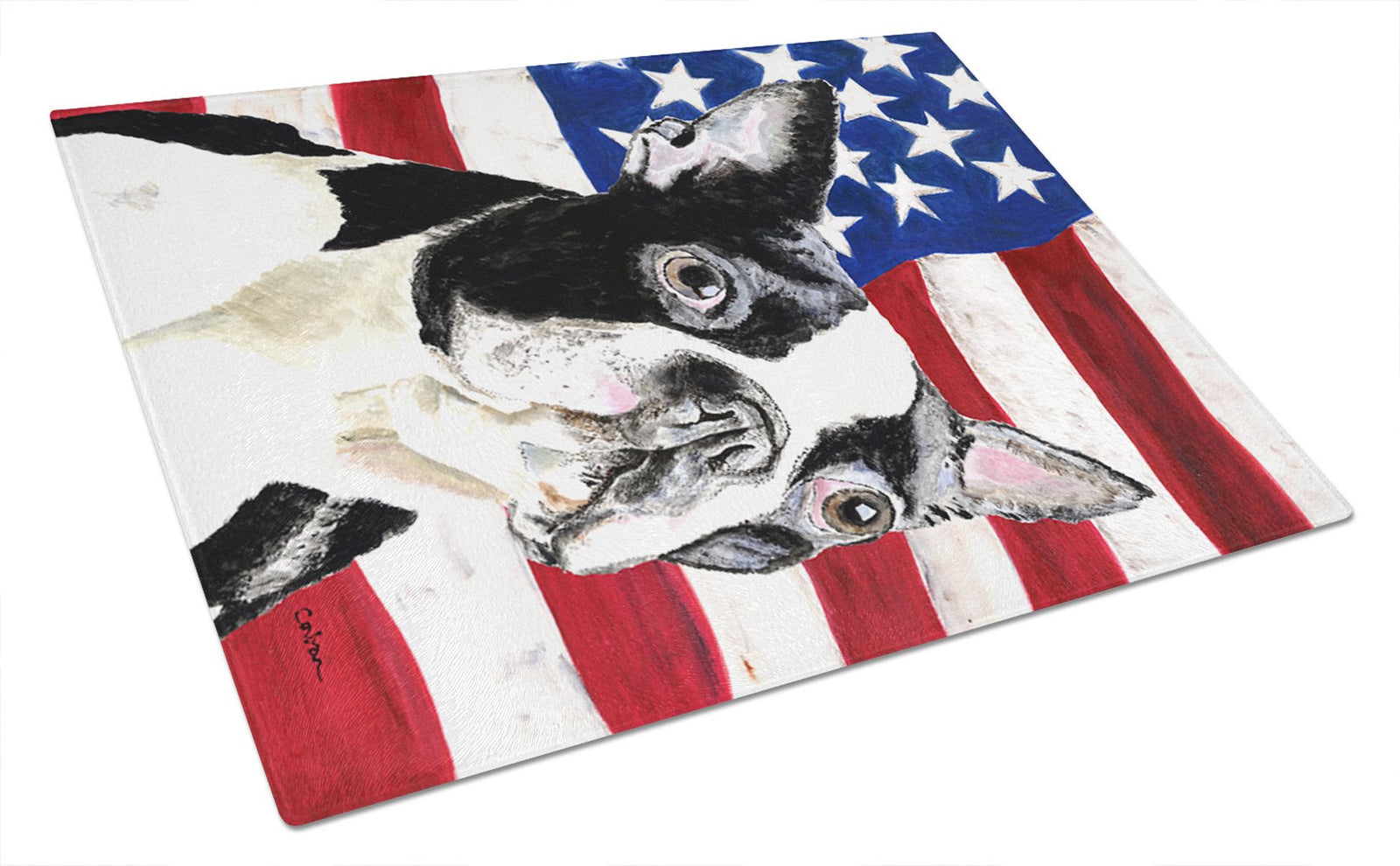 USA American Flag with Boston Terrier Glass Cutting Board Large by Caroline's Treasures