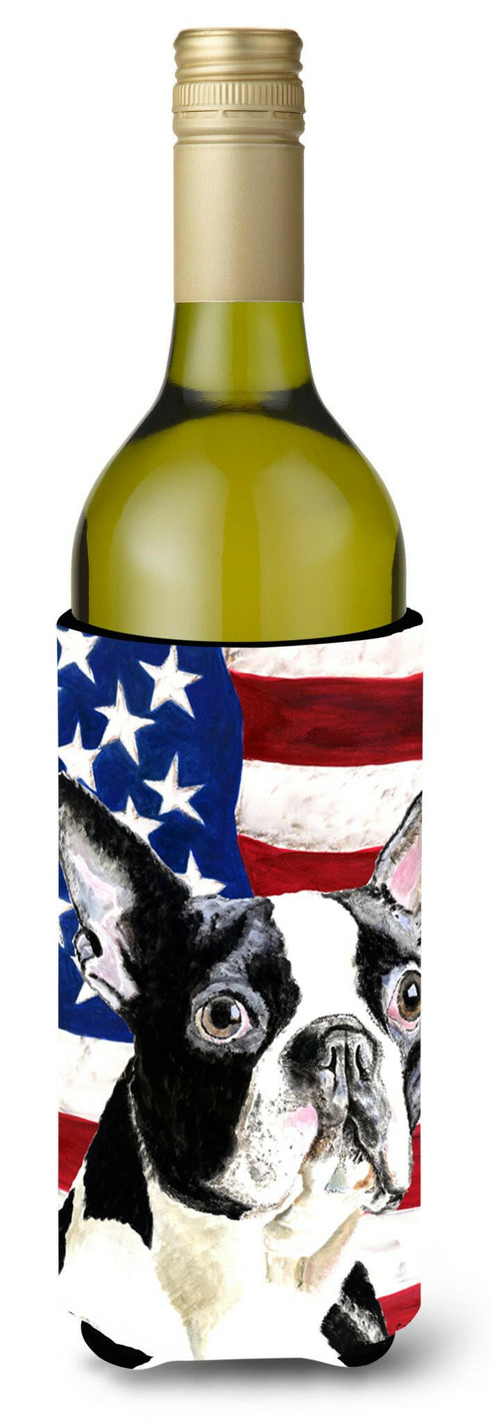 USA American Flag with Boston Terrier Wine Bottle Beverage Insulator Beverage Insulator Hugger by Caroline&#39;s Treasures