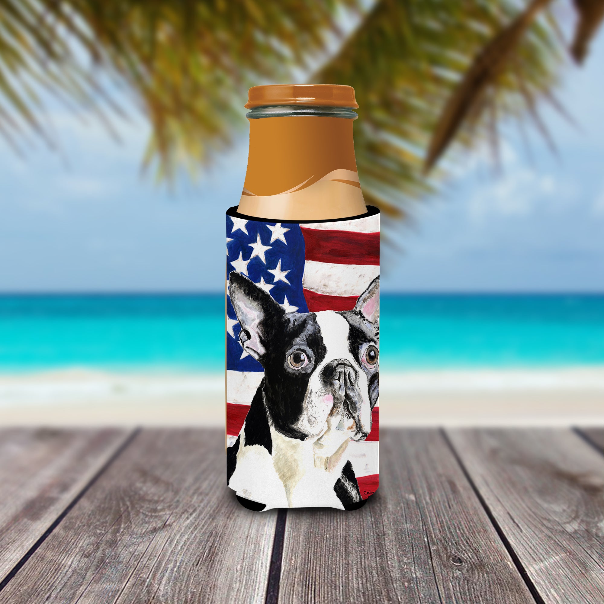 USA American Flag with Boston Terrier Ultra Beverage Insulators for slim cans SC9001MUK.