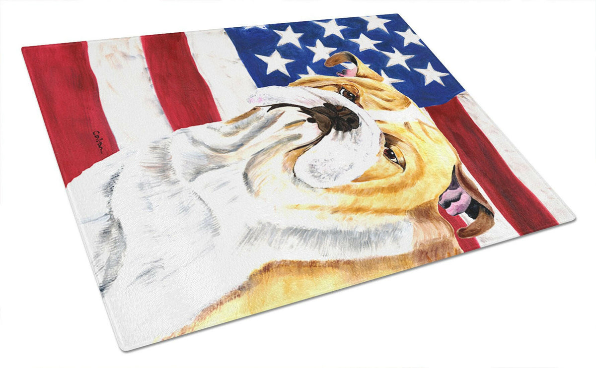 USA American Flag with Bulldog English Glass Cutting Board Large by Caroline&#39;s Treasures