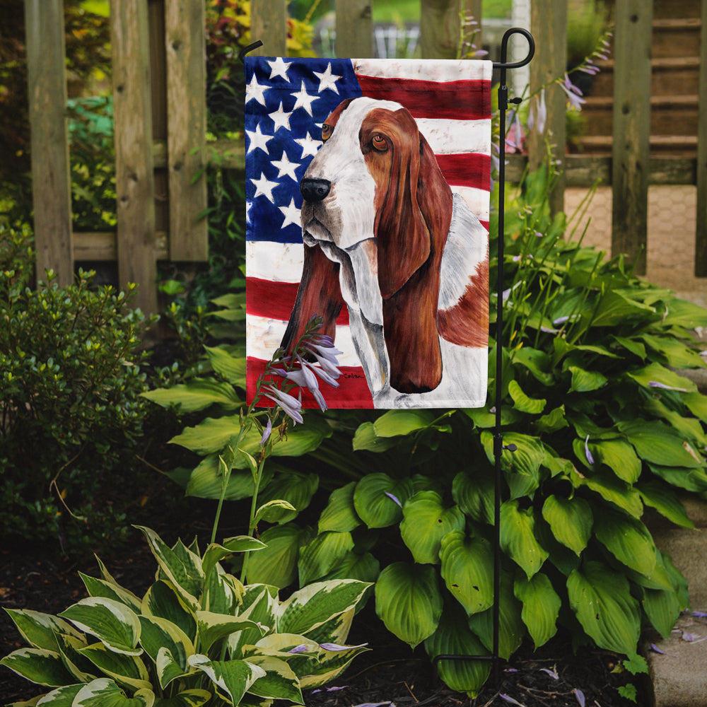 USA American Flag with Basset Hound Flag Garden Size.