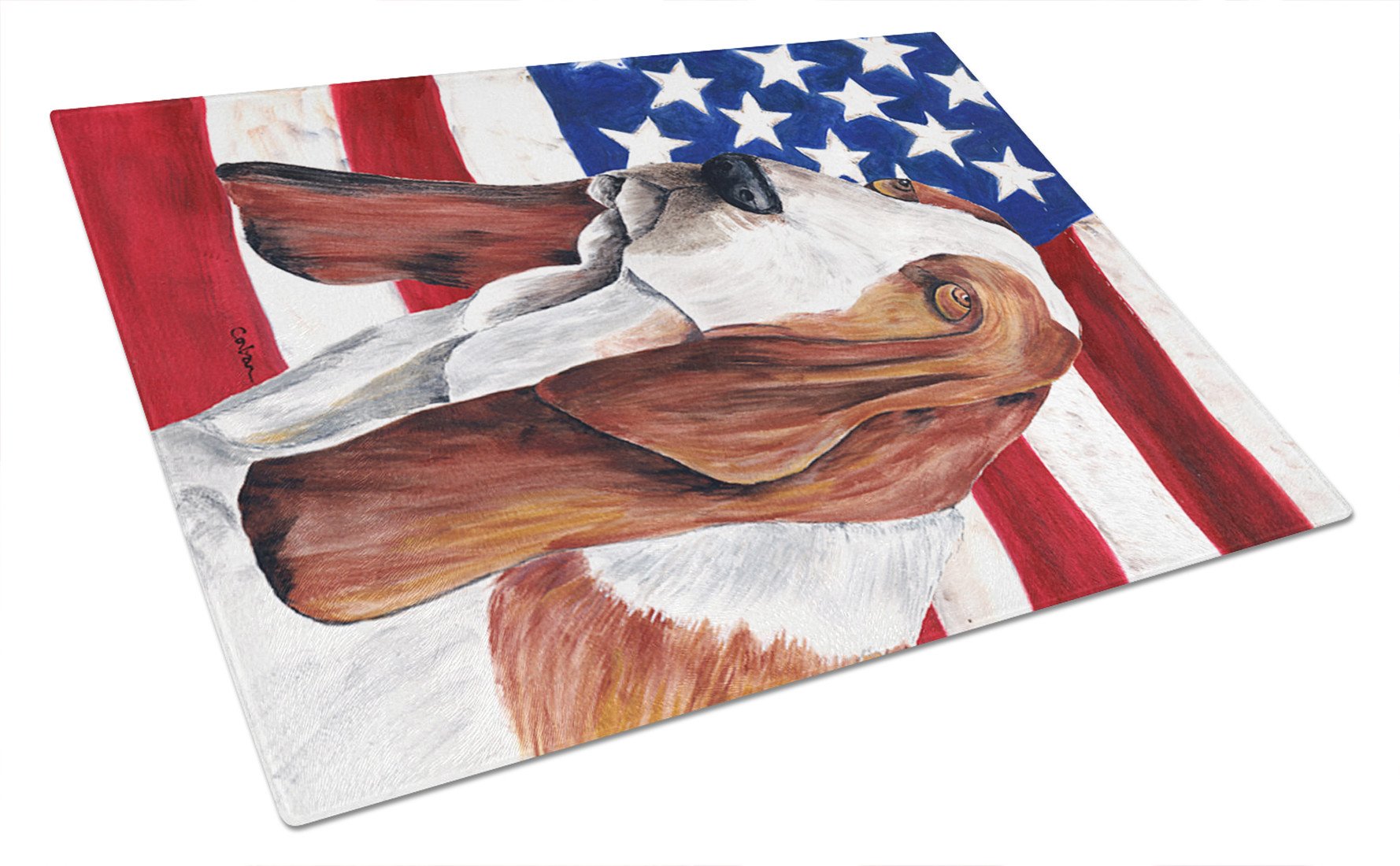 USA American Flag with Basset Hound Glass Cutting Board Large by Caroline's Treasures