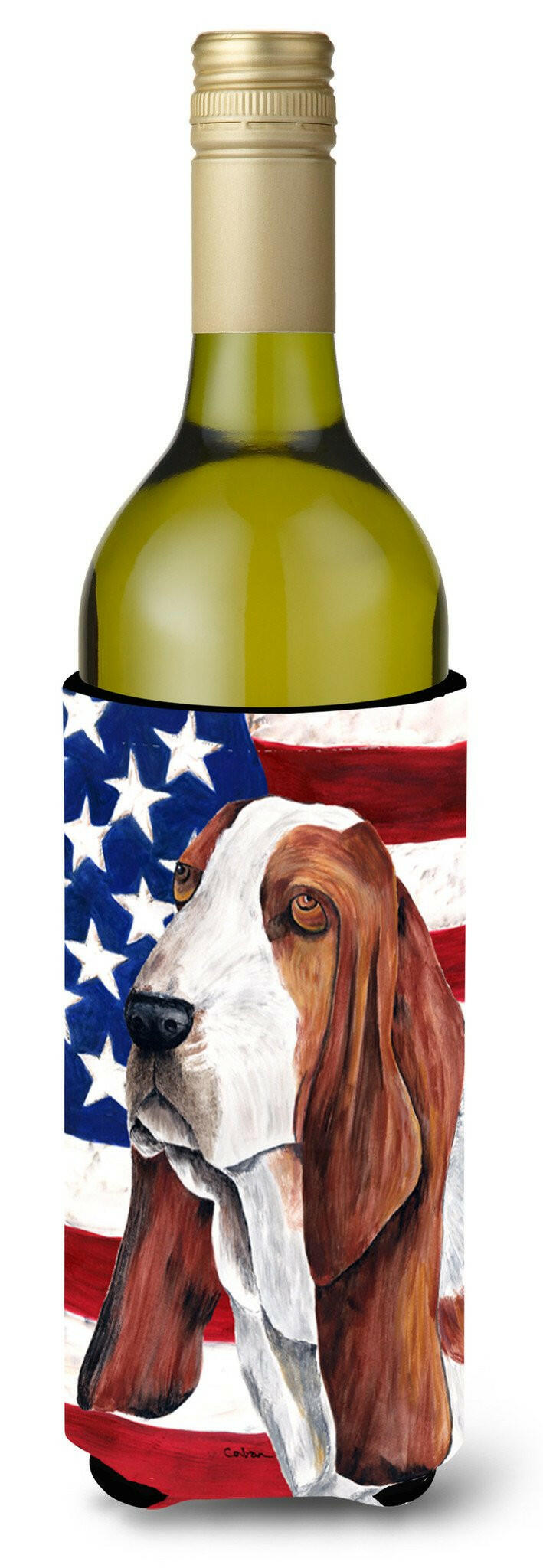 USA American Flag with Basset Hound Wine Bottle Beverage Insulator Beverage Insulator Hugger SC9004LITERK by Caroline&#39;s Treasures