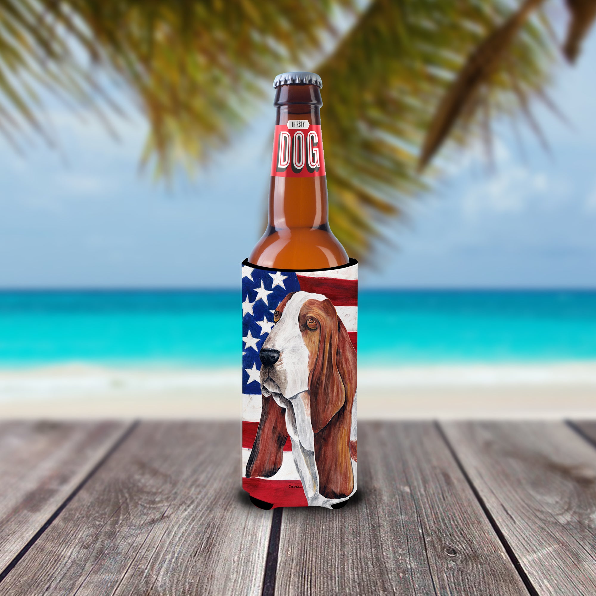 USA American Flag with Basset Hound Ultra Beverage Insulators for slim cans SC9004MUK.