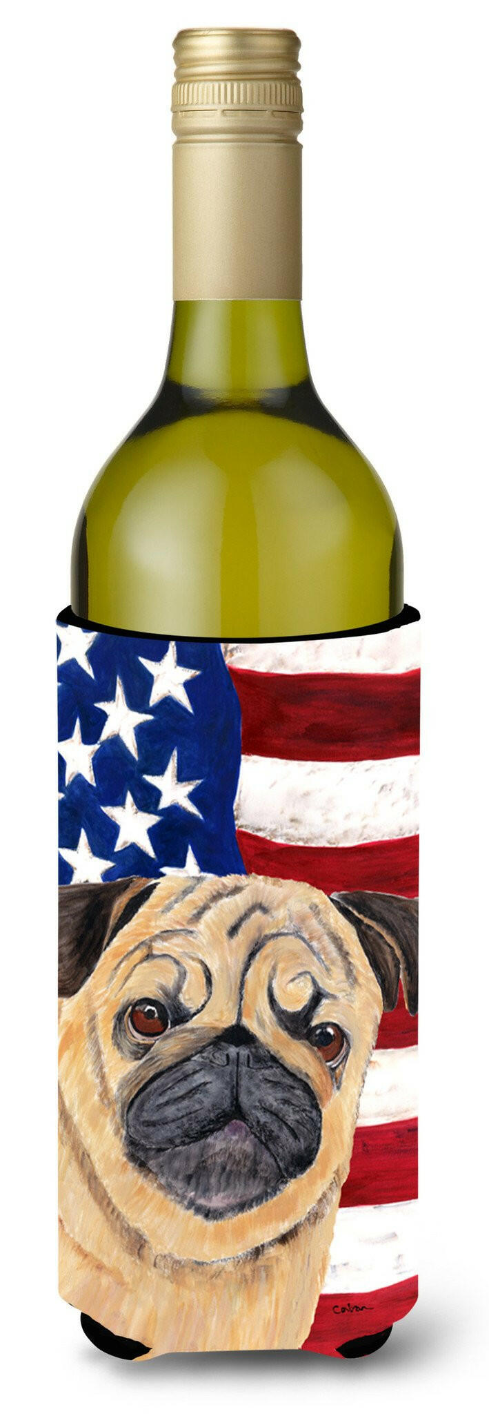 USA American Flag with Pug Wine Bottle Beverage Insulator Beverage Insulator Hugger SC9006LITERK by Caroline&#39;s Treasures