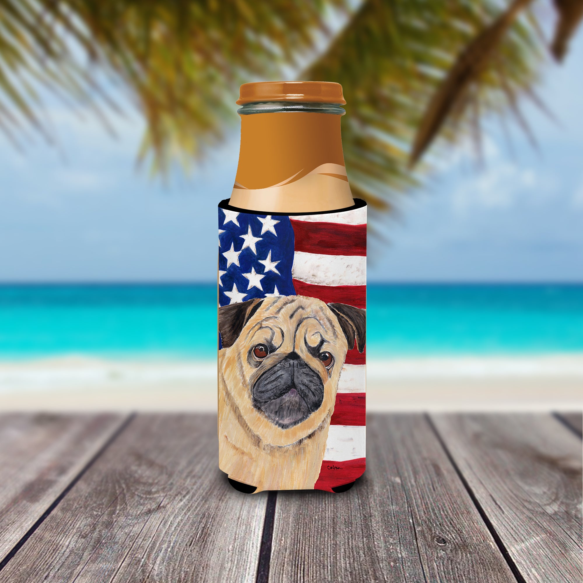 USA American Flag with Pug Ultra Beverage Insulators for slim cans SC9006MUK.