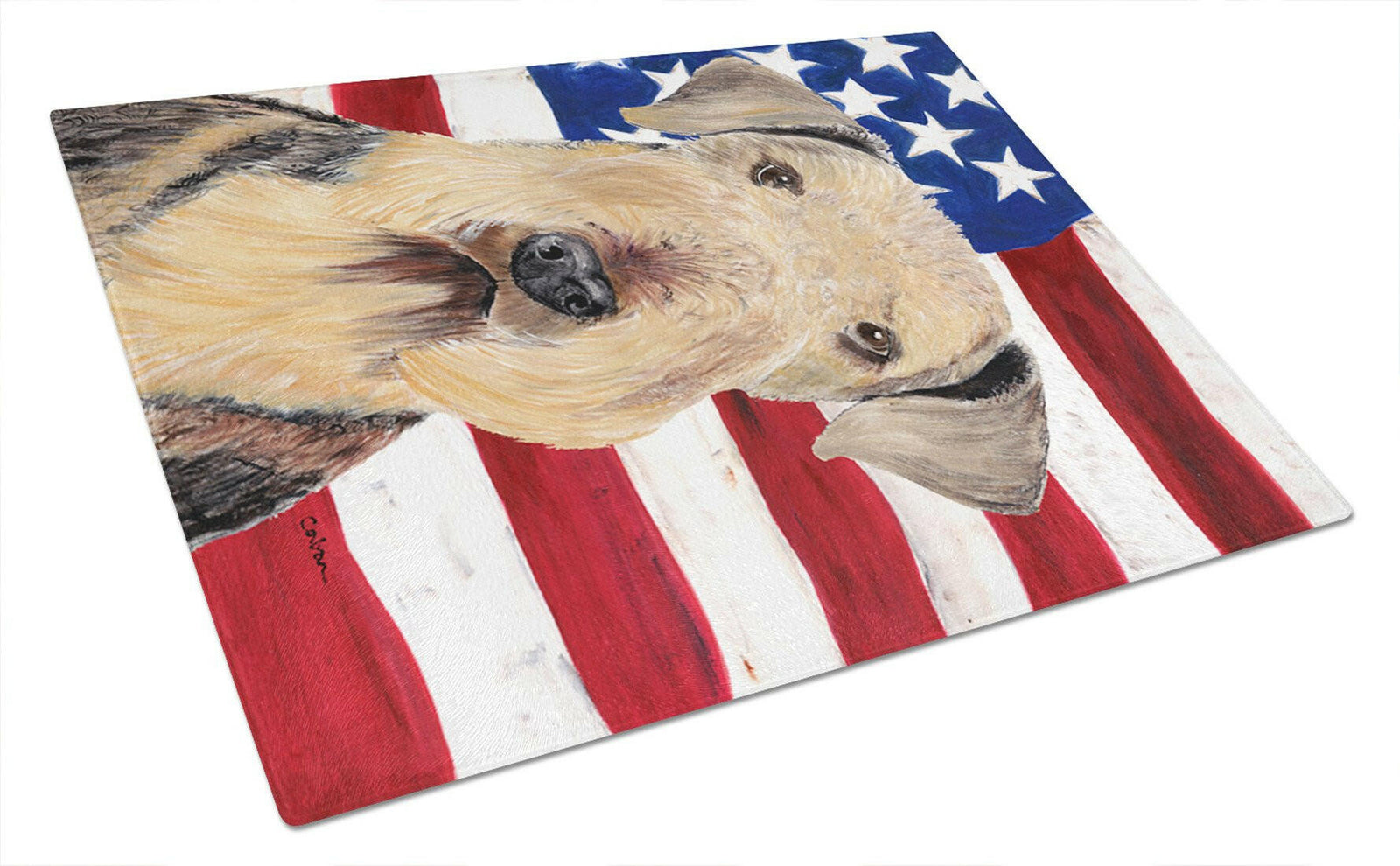 USA American Flag with Airedale Glass Cutting Board Large by Caroline's Treasures