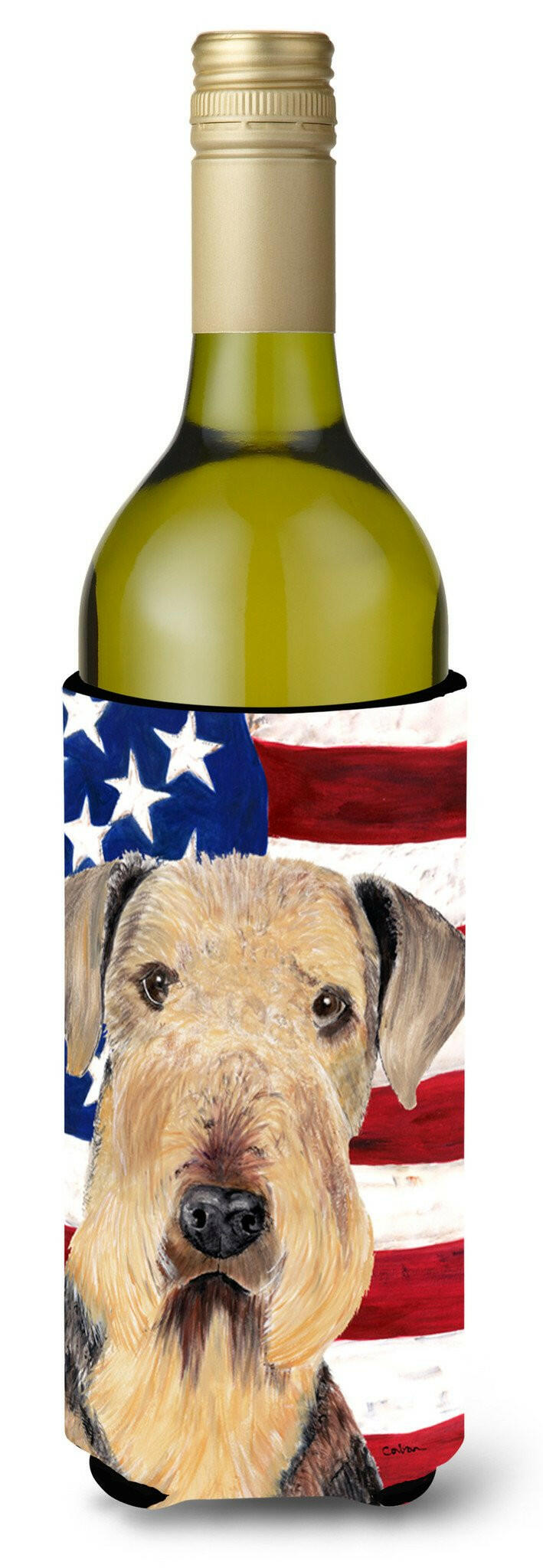 USA American Flag with Airedale Wine Bottle Beverage Insulator Beverage Insulator Hugger SC9007LITERK by Caroline&#39;s Treasures