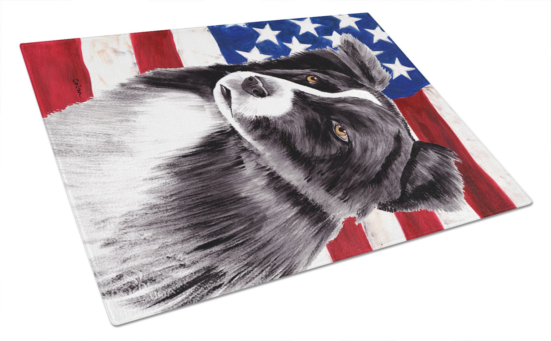 USA American Flag with Border Collie Glass Cutting Board Large by Caroline's Treasures