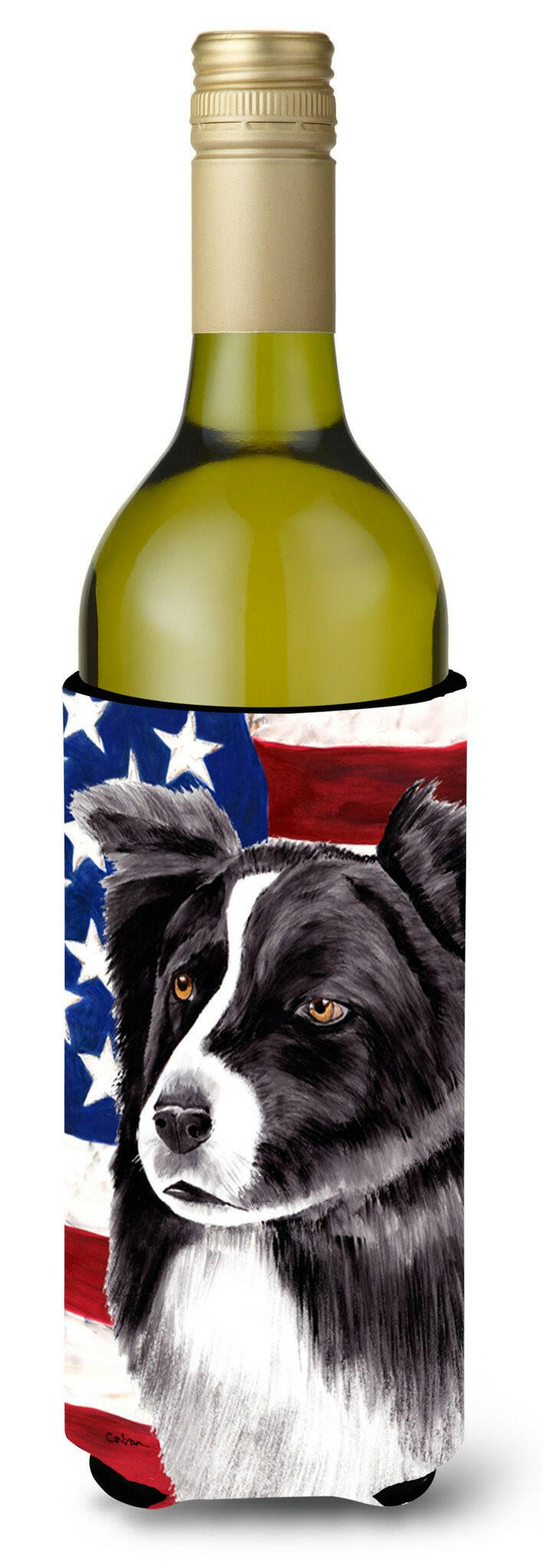 USA American Flag with Border Collie Wine Bottle Beverage Insulator Beverage Insulator Hugger by Caroline&#39;s Treasures