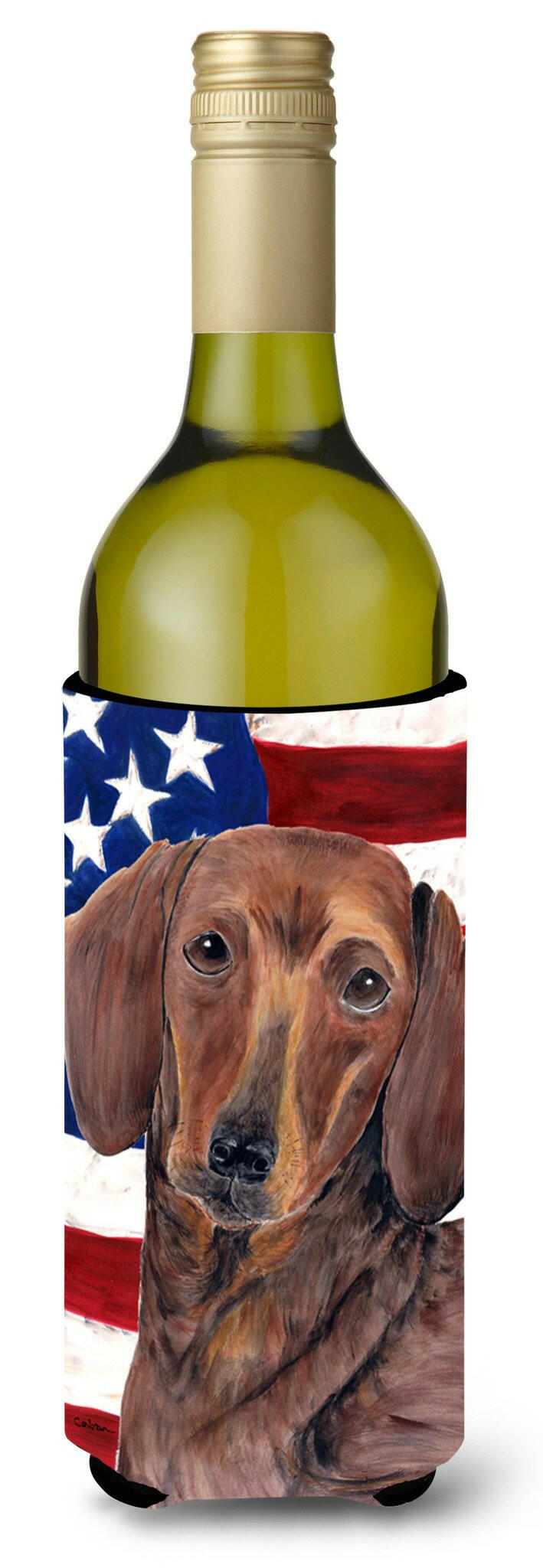 USA American Flag with Dachshund Wine Bottle Beverage Insulator Beverage Insulator Hugger SC9010LITERK by Caroline&#39;s Treasures