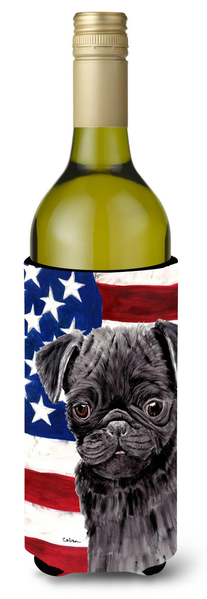 USA American Flag with Pug Wine Bottle Beverage Insulator Beverage Insulator Hugger SC9011LITERK by Caroline&#39;s Treasures