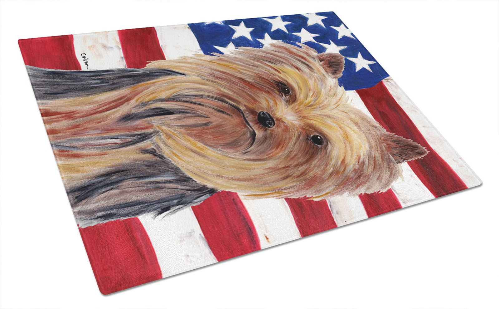 USA American Flag with Yorkie Glass Cutting Board Large by Caroline's Treasures