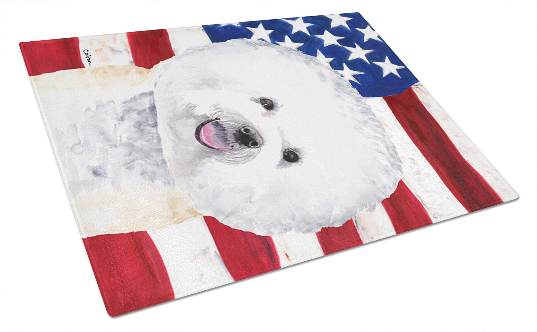 USA American Flag with Bichon Frise Glass Cutting Board Large by Caroline's Treasures