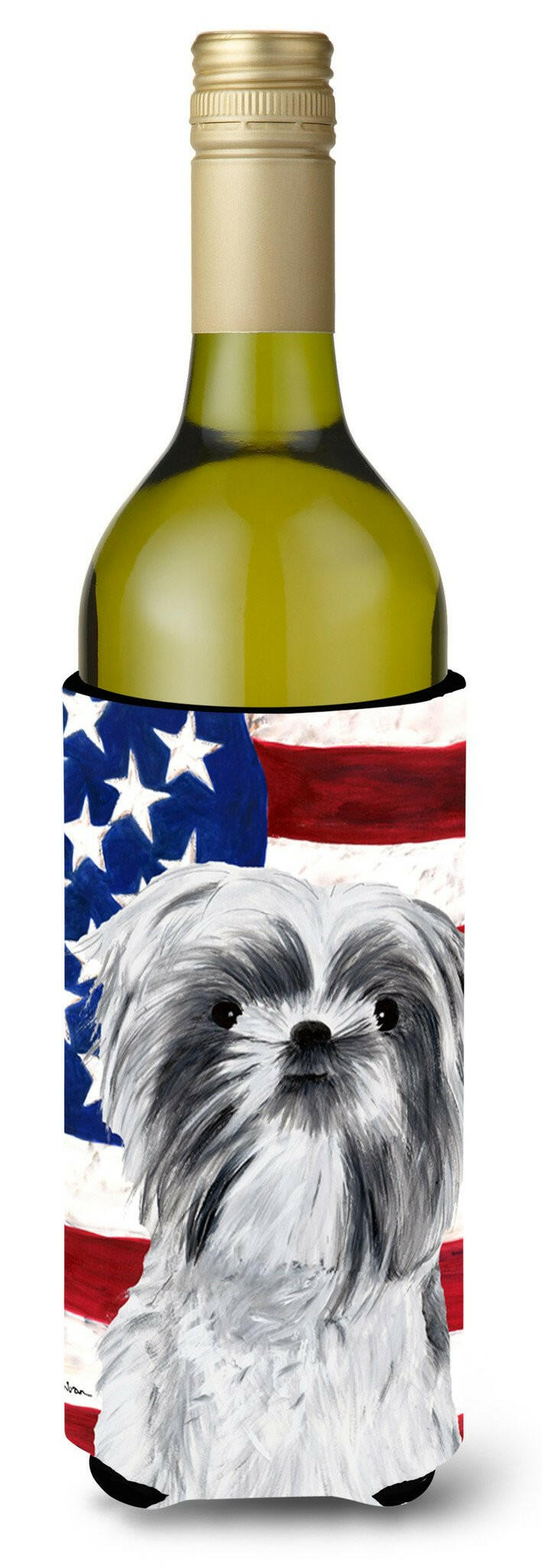 USA American Flag with Shih Tzu Wine Bottle Beverage Insulator Beverage Insulator Hugger by Caroline&#39;s Treasures
