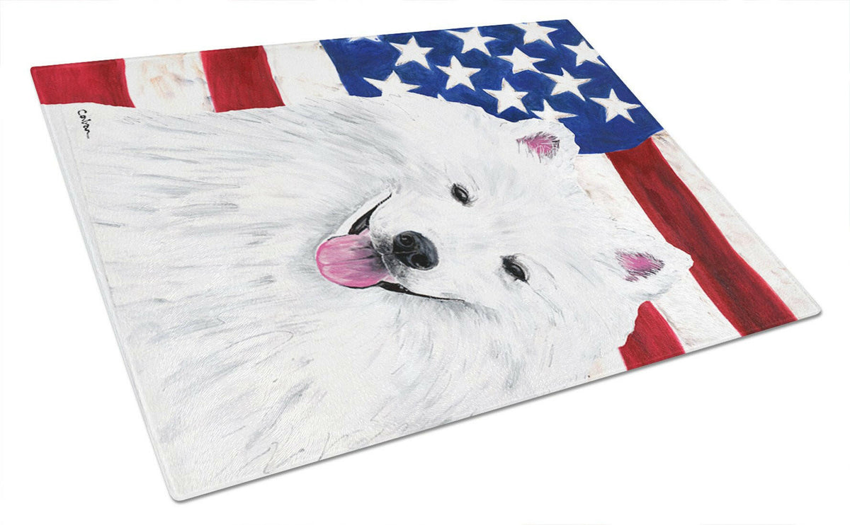 USA American Flag with American Eskimo Glass Cutting Board Large by Caroline&#39;s Treasures