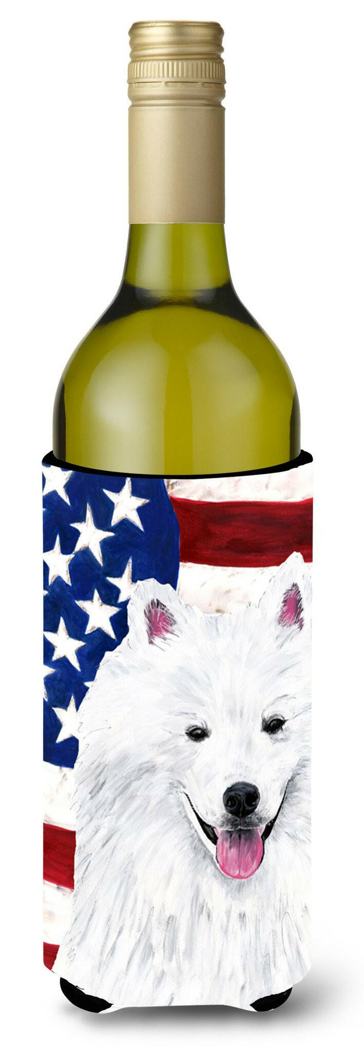 USA American Flag with American Eskimo Wine Bottle Beverage Insulator Beverage Insulator Hugger by Caroline&#39;s Treasures