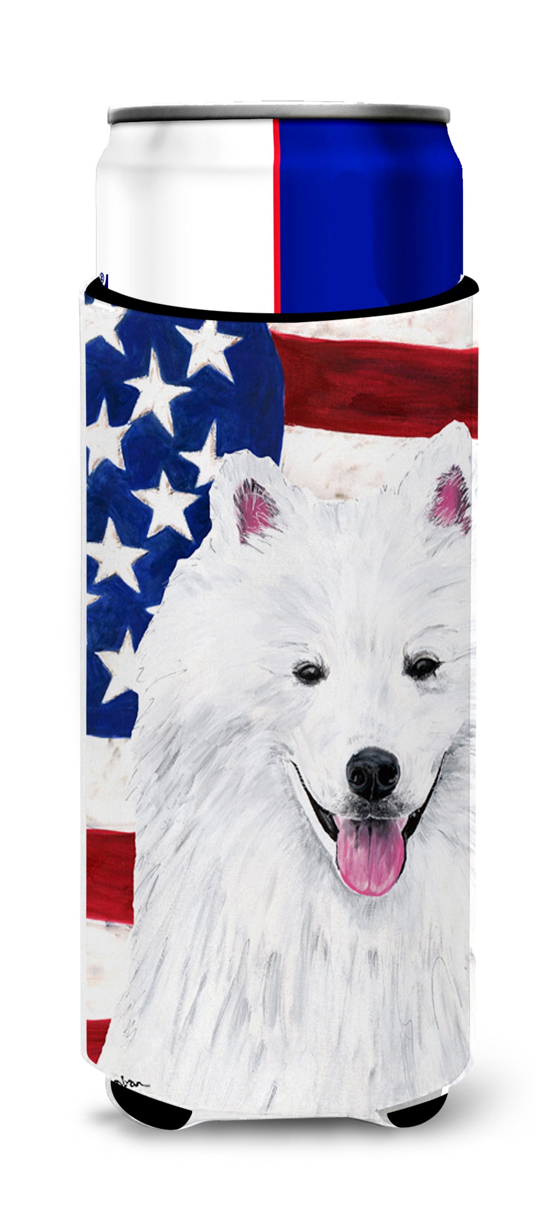 USA American Flag with American Eskimo Ultra Beverage Insulators for slim cans SC9023MUK
