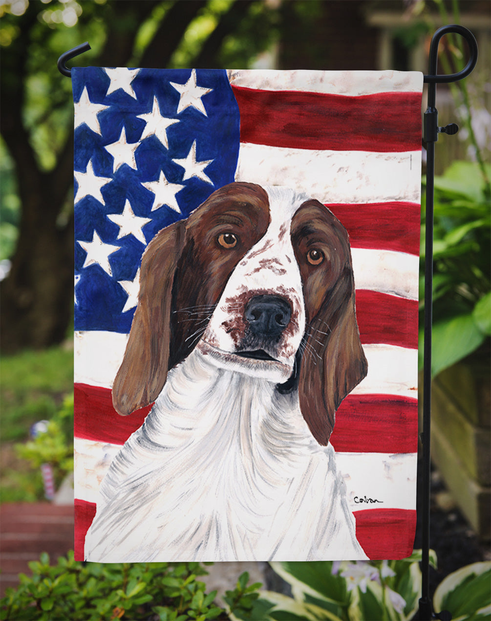Drapeau américain des États-Unis avec drapeau gallois Springer Spaniel Taille du jardin