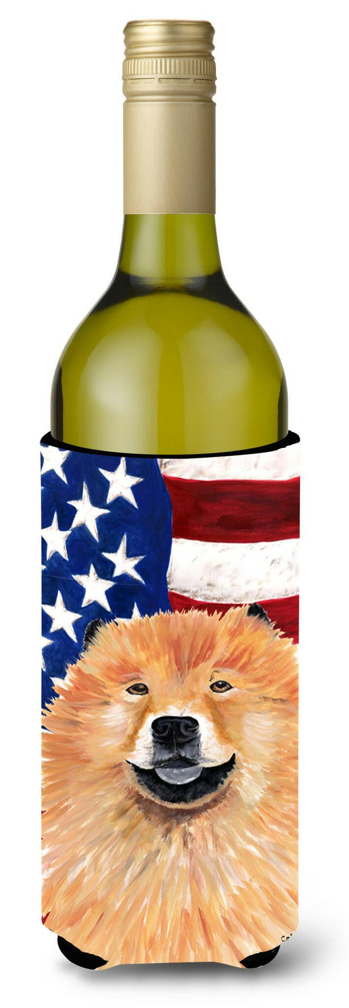 USA American Flag with Chow Chow Wine Bottle Beverage Insulator Beverage Insulator Hugger by Caroline&#39;s Treasures